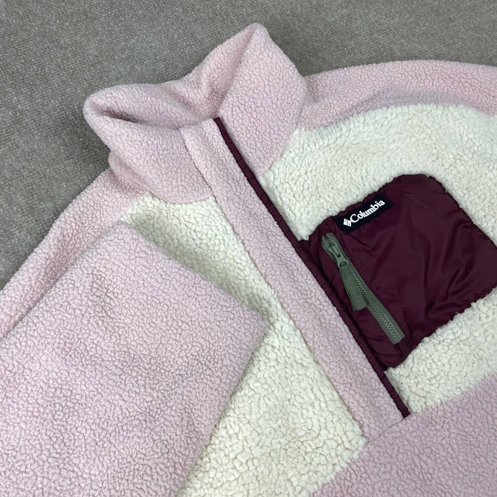 Columbia Lodge Sherpa Fleece Jacket Womens XL Pink Cream Soft Cozy Mock Neck